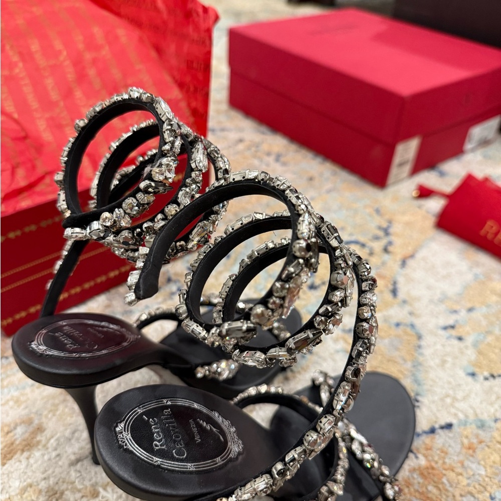 Rene Caovilla Black Jeweled Spiral Wrap Sandals - Picture 6 of 14